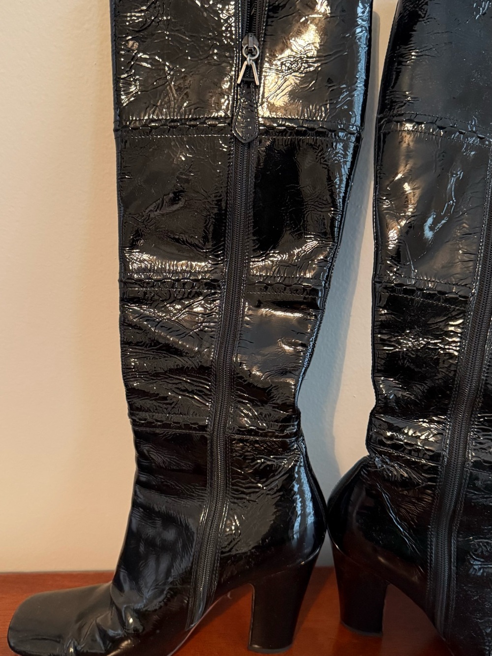Black Patent Leather High Heel Knee Boots - Picture 2 of 6